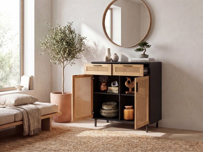 FineBuy Sideboard 80x86,5x40 cm Kommode Schwarz mit Wiener Geflecht, Hoher Kommodenschrank Zeitlos, Standschrank Wohnzimmer mit 2 Türen und Schubladen, Anrichte Rattan