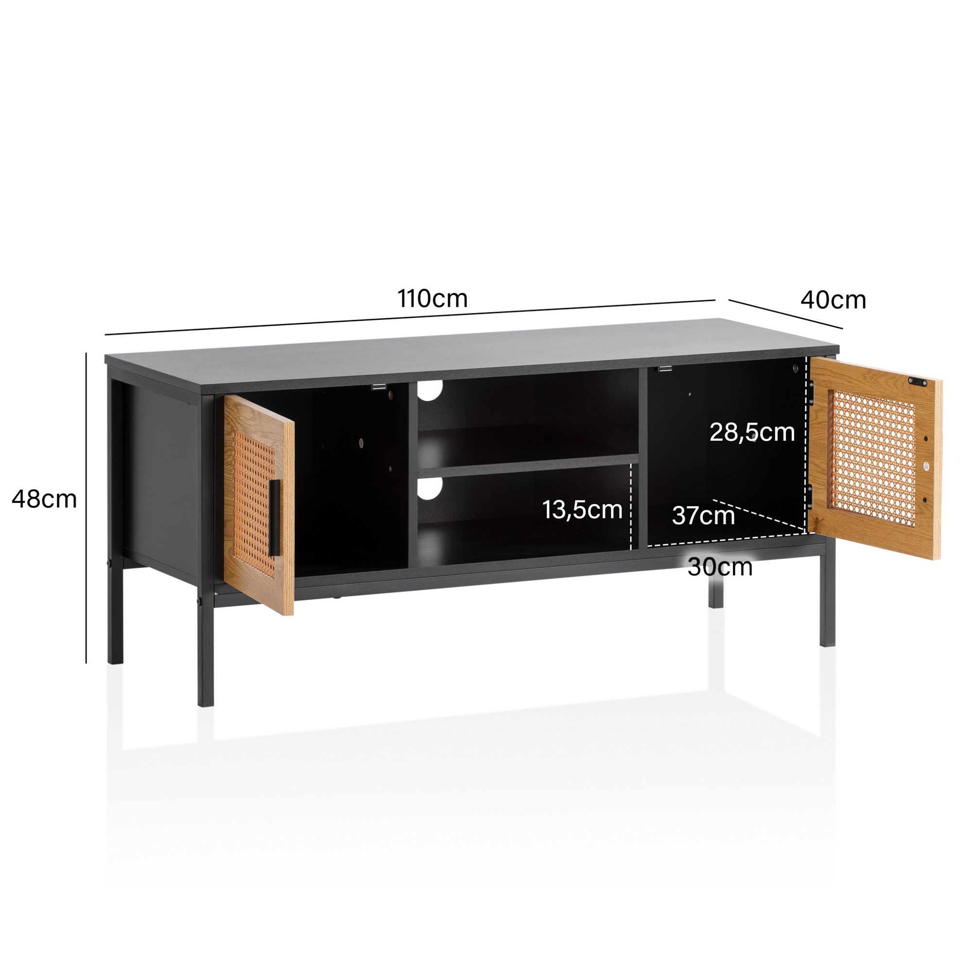 Lowboard FineBuy TV Schrank 110 cm Holz Schwarz Fernsehkommode Wiener Geflecht – Ansicht 3