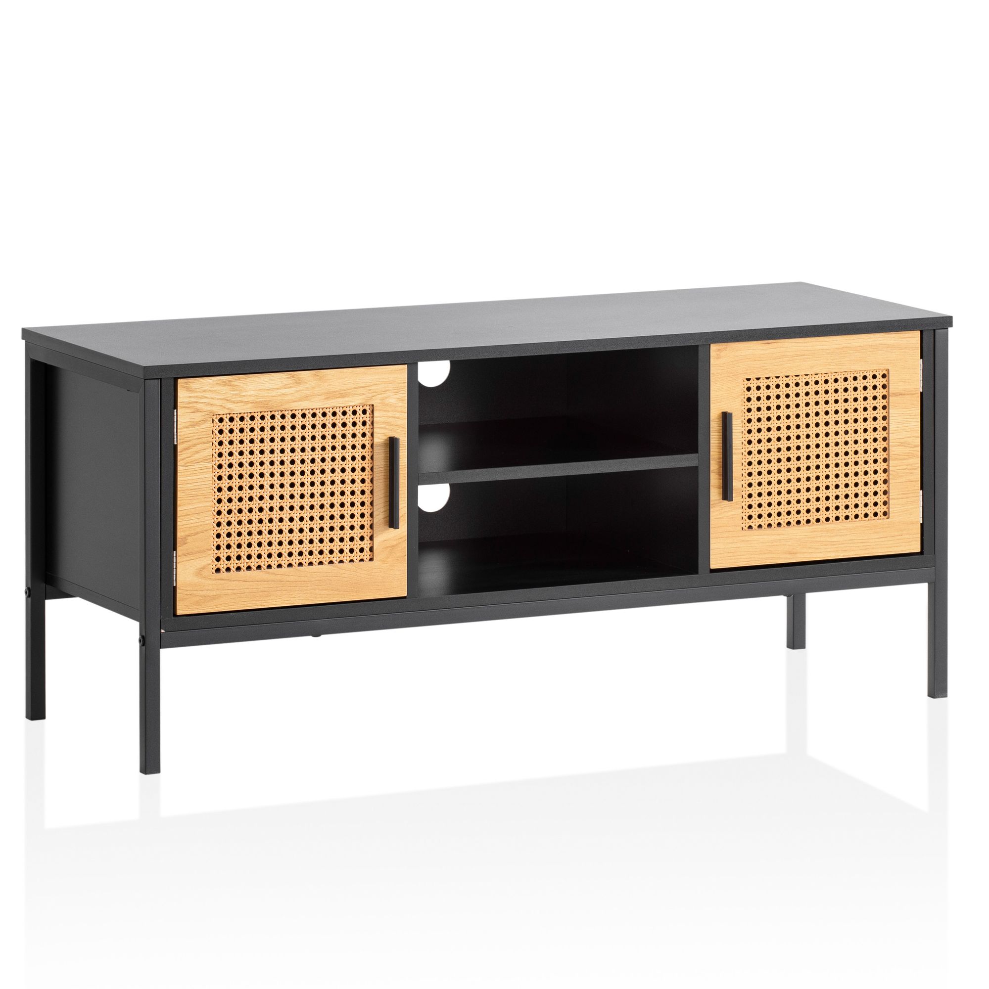 Lowboard FineBuy TV Schrank 110 cm Holz Schwarz Fernsehkommode Wiener Geflecht – Ansicht 6
