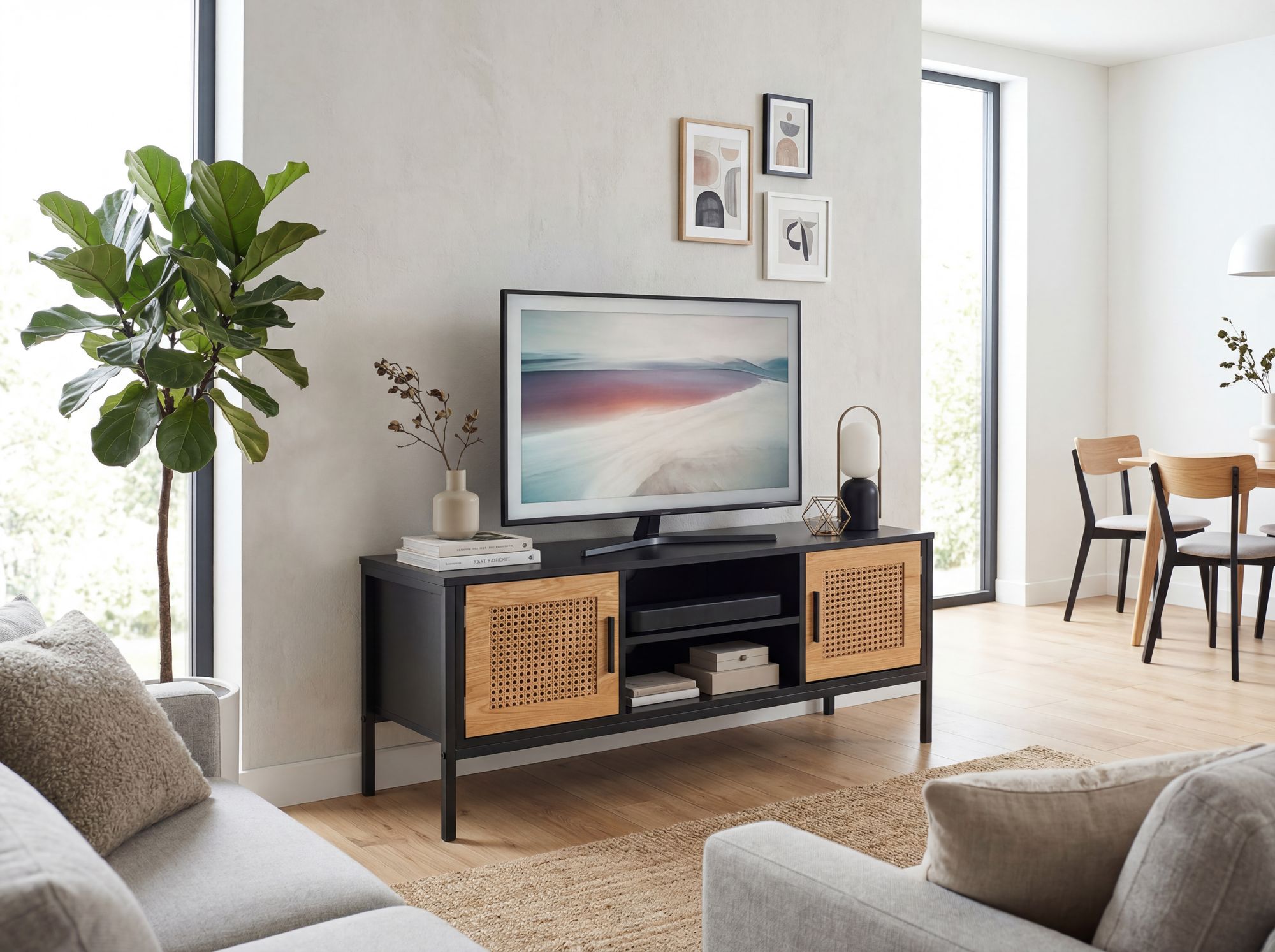 Lowboard FineBuy TV Schrank 110 cm Holz Schwarz Fernsehkommode Wiener Geflecht – Ansicht 4