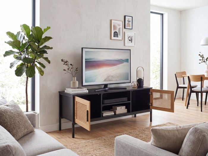 FineBuy Lowboard Schwarz / Eiche mit Wiener Geflecht 110x48x40 cm TV-Kommode Zeitlos, Design TV-Schrank Hoch, Fernsehtisch Fernsehschrank mit Türen, Fernsehkommode Wohnzimmer Rattan
