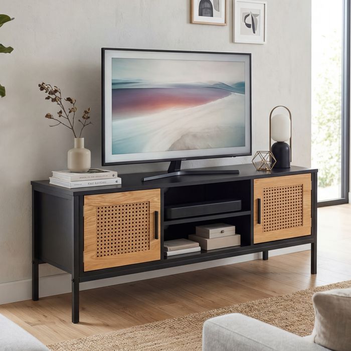 FineBuy Lowboard Schwarz / Eiche mit Wiener Geflecht 110x48x40 cm TV-Kommode Zeitlos, Design TV-Schrank Hoch, Fernsehtisch Fernsehschrank mit Türen, Fernsehkommode Wohnzimmer Rattan