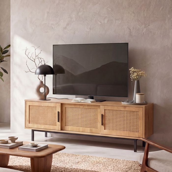 FineBuy Lowboard Eiche-Dekor mit Wiener Geflecht 120x45,5x40 cm TV-Kommode Zeitlos mit Schiebe-Türen, Design TV-Schrank Hoch, Fernsehtisch Fernsehschrank, Fernsehkommode Wohnzimmer Rattan