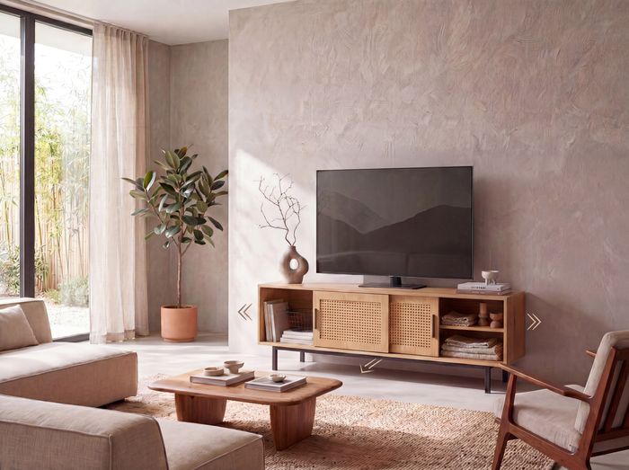 FineBuy Lowboard Eiche-Dekor mit Wiener Geflecht 120x45,5x40 cm TV-Kommode Zeitlos mit Schiebe-Türen, Design TV-Schrank Hoch, Fernsehtisch Fernsehschrank, Fernsehkommode Wohnzimmer Rattan