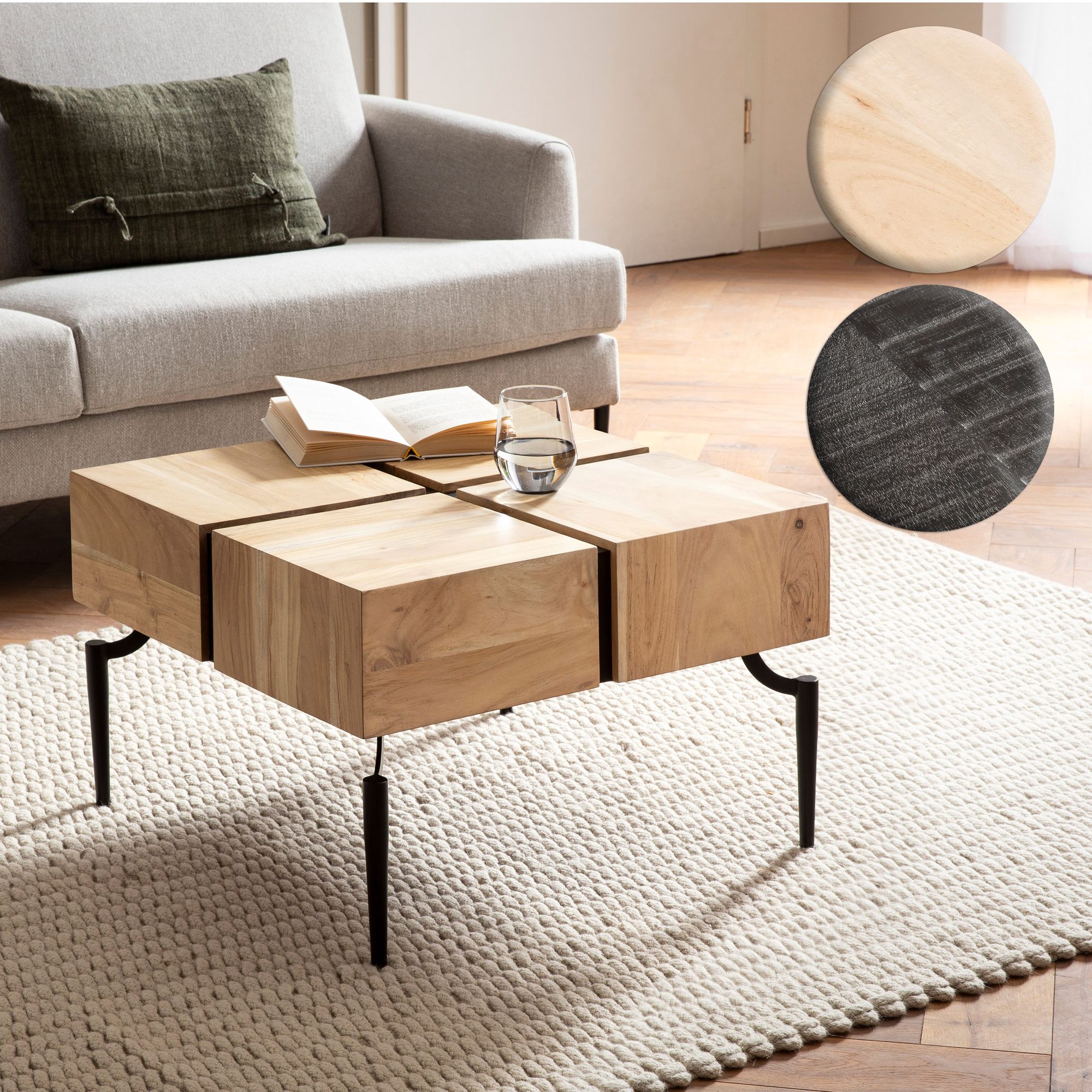 FineBuy Couchtisch Akazie Massivholz quadratisch 60x60 cm · moderner Wohnzimmertisch 4 Blocks · Design Tisch mit Metallbeinen im Industrial Cube Stil | Farbe: Schwarz