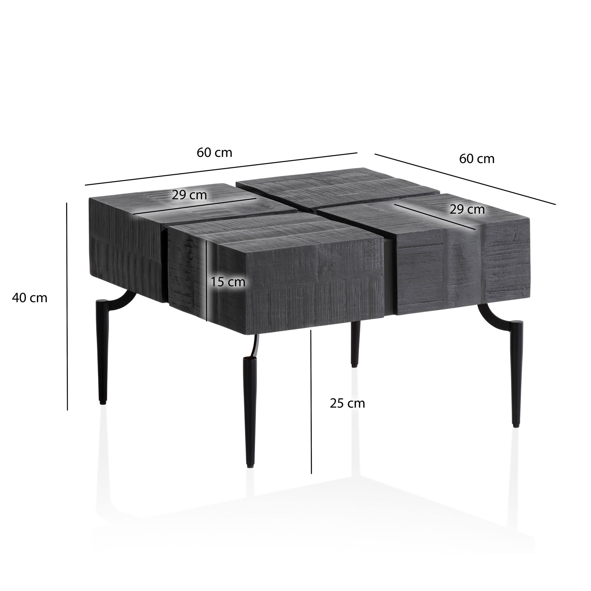 FineBuy Couchtisch Akazie Massivholz quadratisch 60x60 cm · moderner Wohnzimmertisch 4 Blocks · Design Tisch mit Metallbeinen im Industrial Cube Stil | Farbe: Schwarz