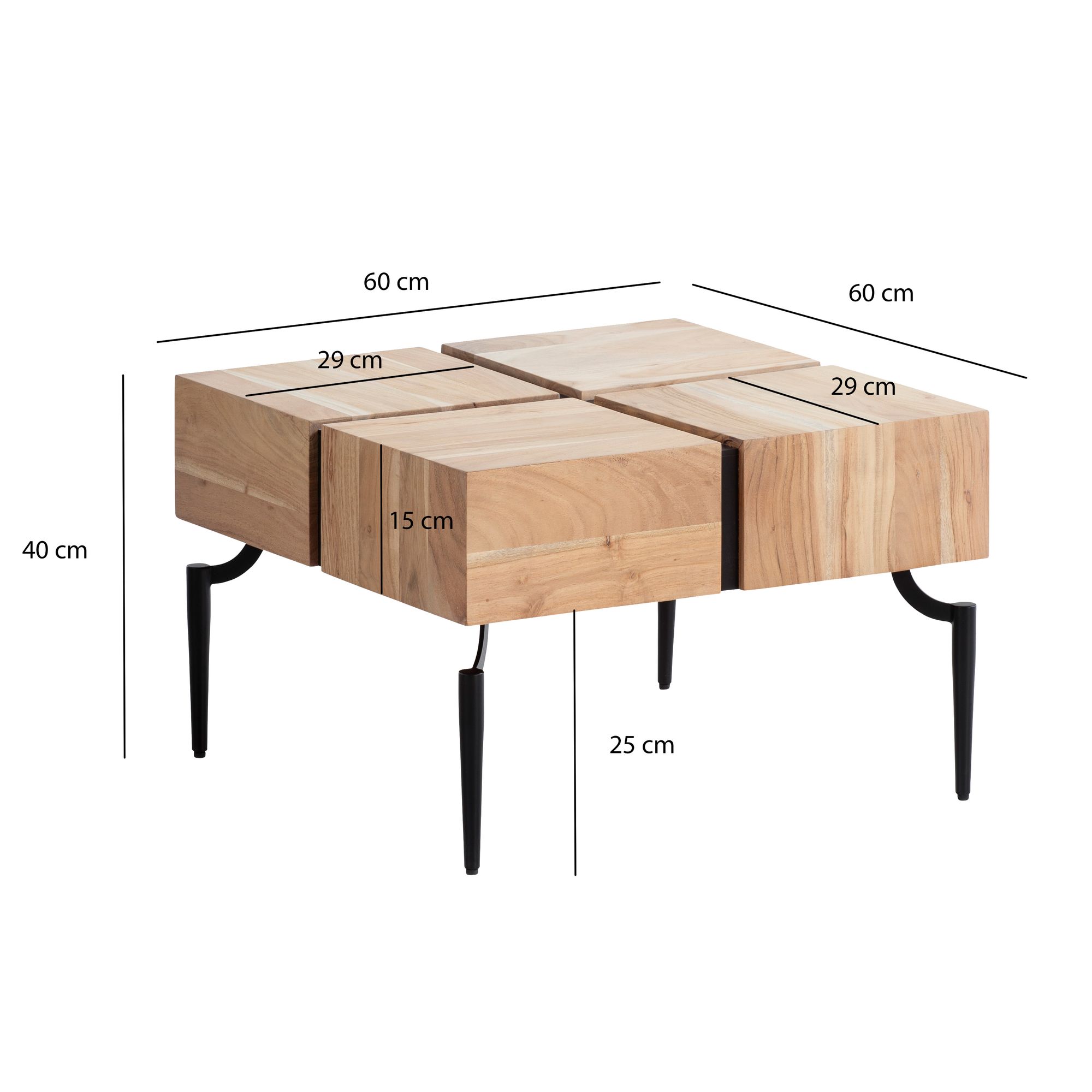 Couchtisch Akazie Massivholz quadratisch 60cm Wohnzimmertisch Blocks Industrial – Ansicht 3