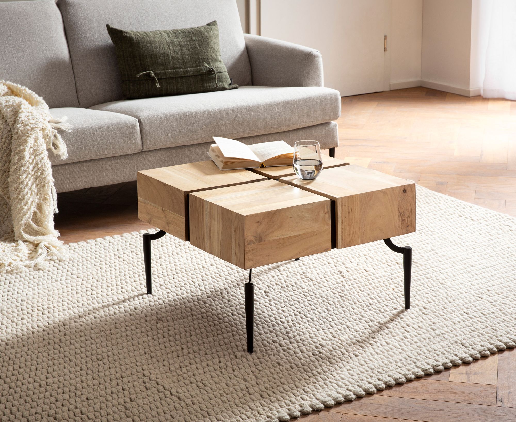 Couchtisch Akazie Massivholz quadratisch 60cm Wohnzimmertisch Blocks Industrial – Ansicht 2