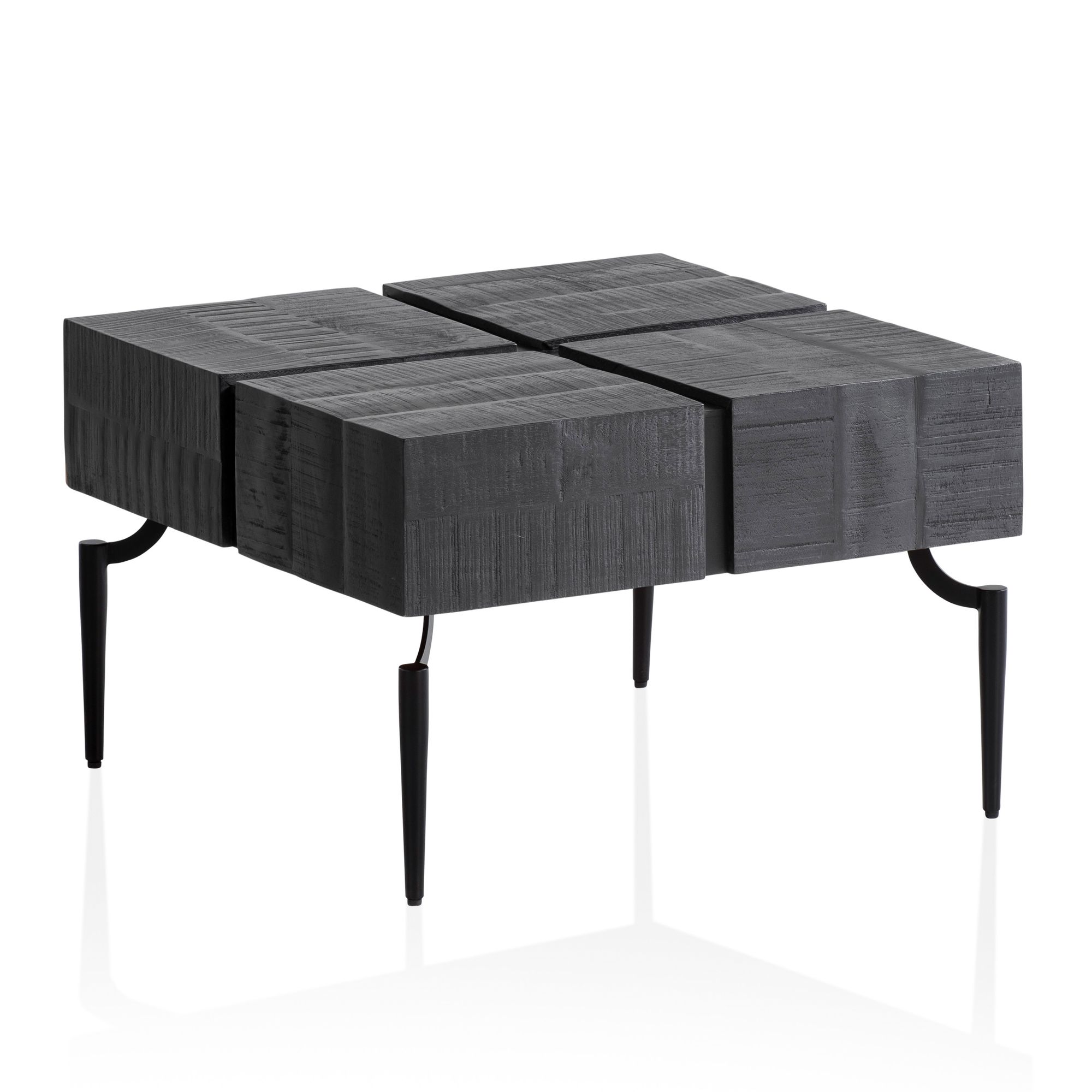 FineBuy Couchtisch Akazie Massivholz quadratisch 60x60 cm · moderner Wohnzimmertisch 4 Blocks · Design Tisch mit Metallbeinen im Industrial Cube Stil | Farbe: Schwarz