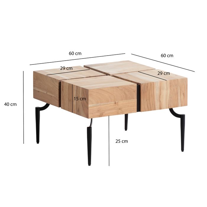 Couchtisch Akazie Massivholz quadratisch 60cm Wohnzimmertisch Blocks Industrial – Maßzeichnung