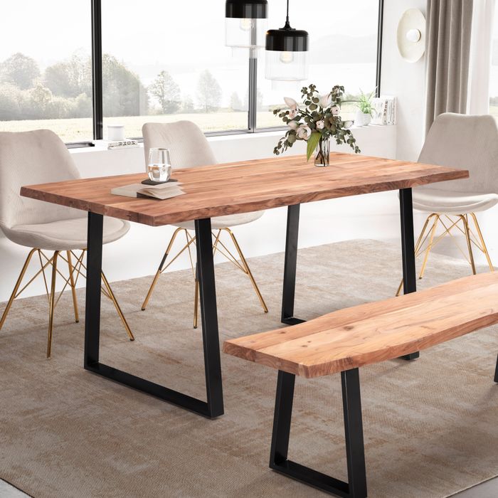 FineBuy Esszimmertisch Akazie Massivholz / Metall Esstisch Baumkante, Küchentisch Massiv mit Trapezbeinen in Schwarz, Holztisch Speisetisch Esszimmer Rechteckig