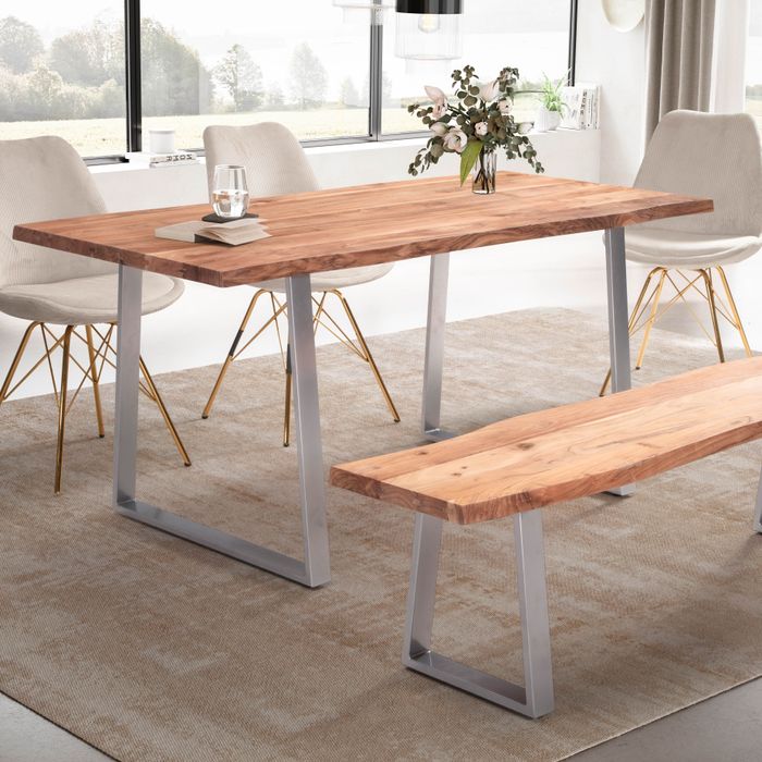 FineBuy Esszimmertisch Akazie Massivholz / Metall Esstisch Baumkante, Küchentisch Massiv mit Trapezbeinen in Chrom, Holztisch Speisetisch Esszimmer Rechteckig