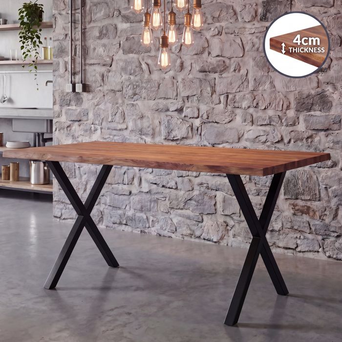 FineBuy Esszimmertisch 120 x 60cm rechteckig Massivholz Akazie 4cm Baumkante - Industrial Esstisch Baumstamm Massiv Echtholz - Küchentisch - Baumkantentisch mit schwarzem X-Gestell