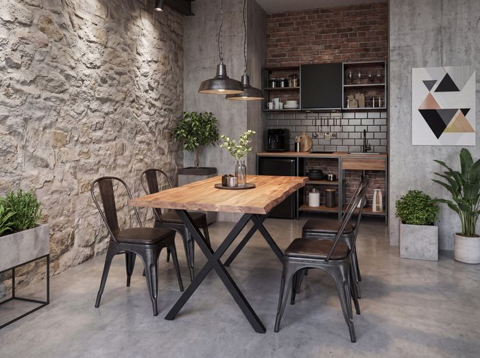 FineBuy Esszimmertisch 120 x 60cm rechteckig Massivholz Akazie 4cm Baumkante - Industrial Esstisch Baumstamm Massiv Echtholz - Küchentisch - Baumkantentisch mit schwarzem X-Gestell