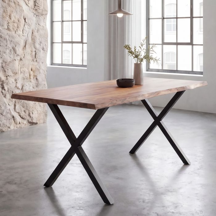 FineBuy Esszimmertisch rechteckig Massivholz Akazie Baumkante - Industrial Esstisch Baumstamm Massiv Echtholz - Küchentisch - Baumkantentisch mit schwarzem X-Gestell