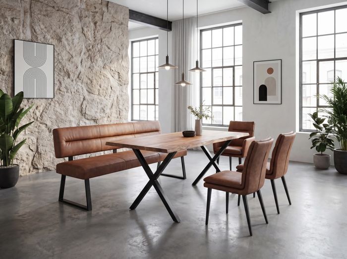 FineBuy Esszimmertisch rechteckig Massivholz Akazie Baumkante - Industrial Esstisch Baumstamm Massiv Echtholz - Küchentisch - Baumkantentisch mit schwarzem X-Gestell