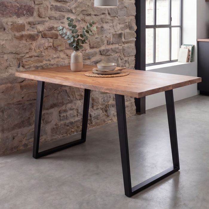 FineBuy Esszimmertisch 120x60x76 cm Akazie Massivholz / Metall Esstisch Baumkante, Küchentisch Massiv mit U-Beinen in Schwarz, Holztisch Speisetisch Esszimmer Rechteckig