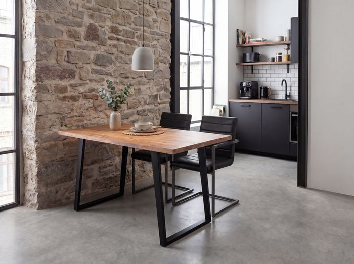 FineBuy Esszimmertisch 120x60x76 cm Akazie Massivholz / Metall Esstisch Baumkante, Küchentisch Massiv mit U-Beinen in Schwarz, Holztisch Speisetisch Esszimmer Rechteckig