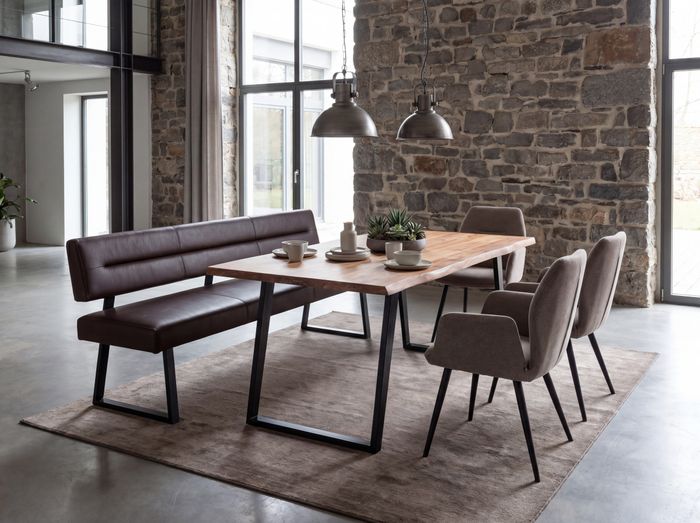 FineBuy Esszimmertisch rechteckig Massivholz Akazie Baumkante - Industrial Esstisch Baumstamm Massiv Echtholz - Küchentisch - Baumkantentisch mit schwarzem U-Gestell