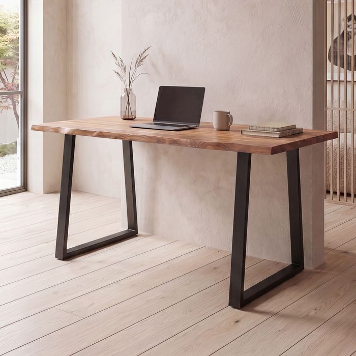 FineBuy Schreibtisch Akazie Massivholz / Metall Computertisch Baumkante, Homeoffice Bürotisch Massiv mit Trapezbeinen in Schwarz, Holztisch Laptoptisch Arbeitszimmer