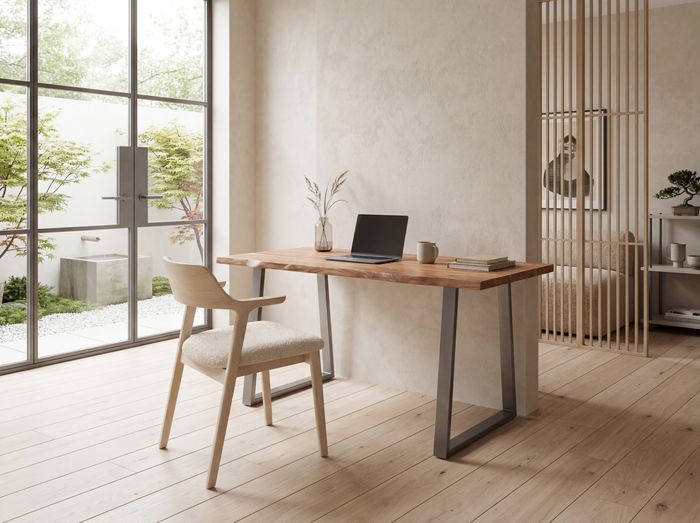 FineBuy Schreibtisch 120x60x76 cm Akazie Massivholz / Metall Computertisch Baumkante, Homeoffice Bürotisch Massiv mit Trapezbeinen in Chrom, Holztisch Laptoptisch Arbeitszimmer