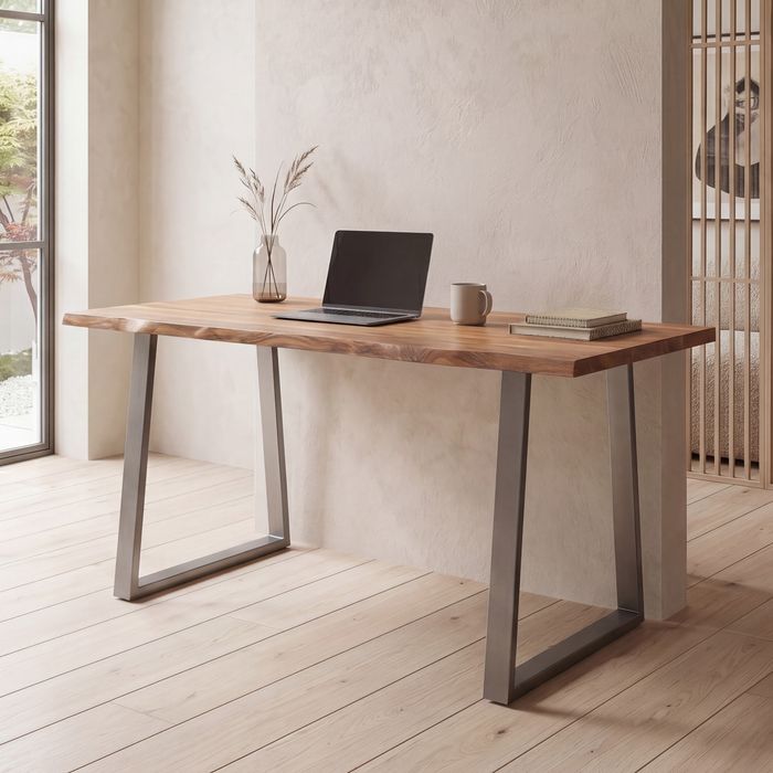 FineBuy Schreibtisch Akazie Massivholz / Metall Computertisch Baumkante, Homeoffice Bürotisch Massiv mit Trapezbeinen in Chrom, Holztisch Laptoptisch Arbeitszimmer