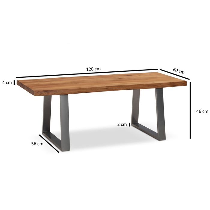 Couchtisch FineBuy Sofatisch 120 cm Massivholz Chrom Wohnzimmertisch Baumkante – Maßzeichnung