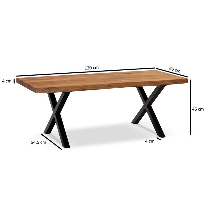 Couchtisch Akazie Massiv 120cm · Wohnzimmertisch Baumkante schwarzes X-Gestell – Maßzeichnung