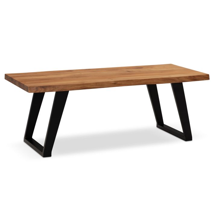 FineBuy Couchtisch 120x60x46 cm Akazie Massivholz / Metall Baumkante, Design Wohnzimmertisch Rechteckig, Sofatisch Stubentisch Braun, Kaffeetisch mit schwarzen Beinen in U-Form