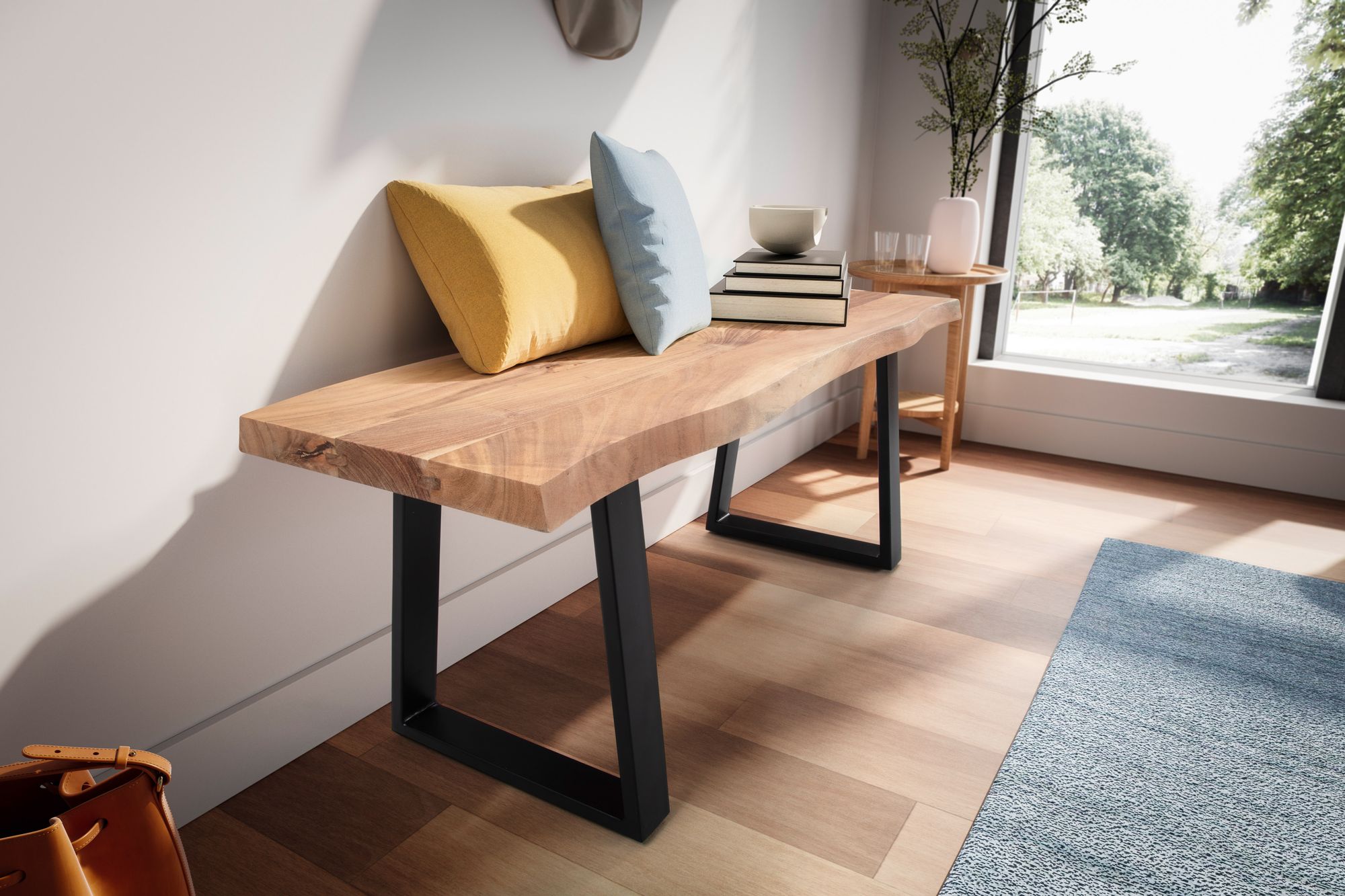Garderobenbank FineBuy Sitzbank Akazie Massivholz 120 cm Baumkante Flurbank – Ansicht 4