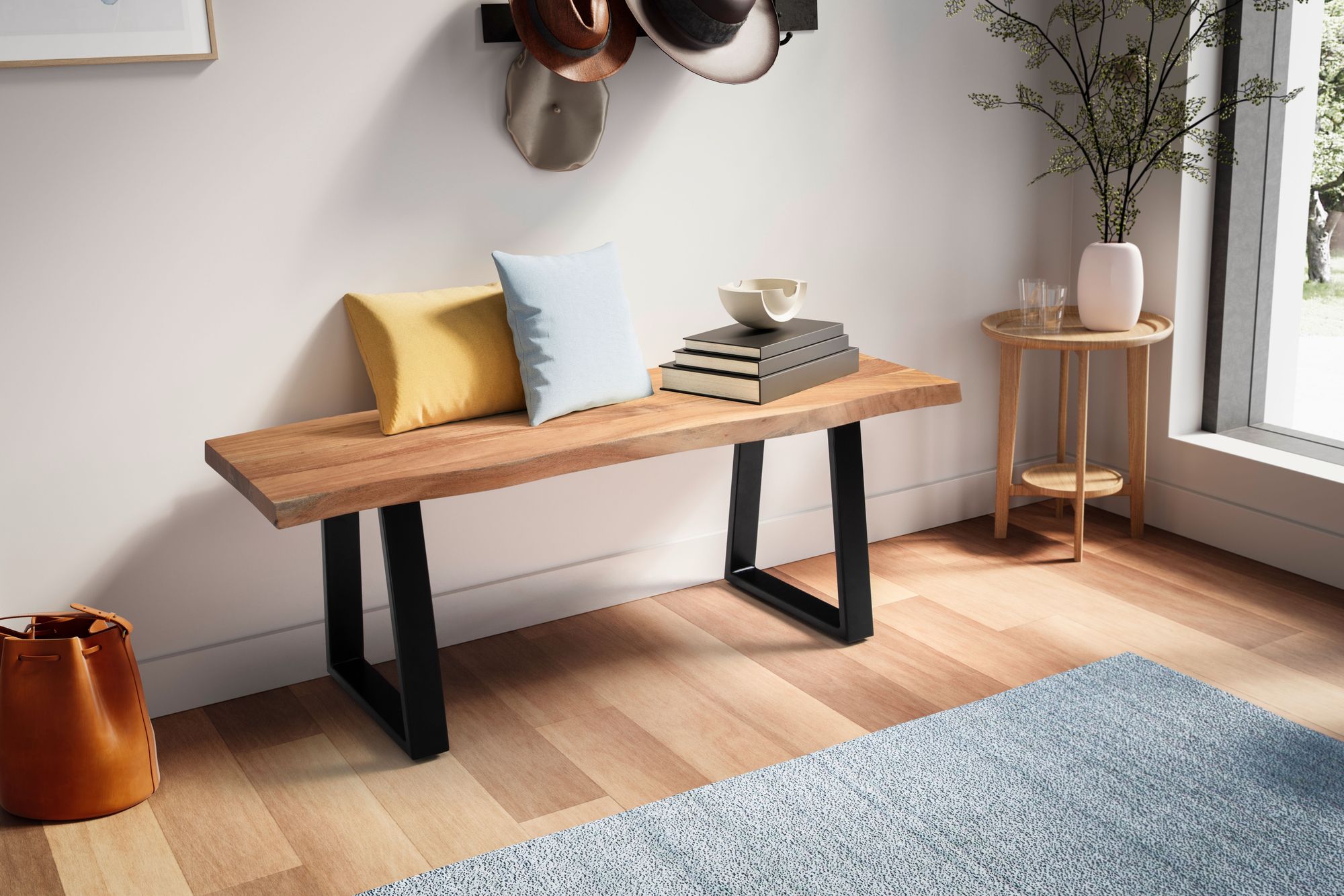 Garderobenbank FineBuy Sitzbank Akazie Massivholz 120 cm Baumkante Flurbank – Ansicht 2