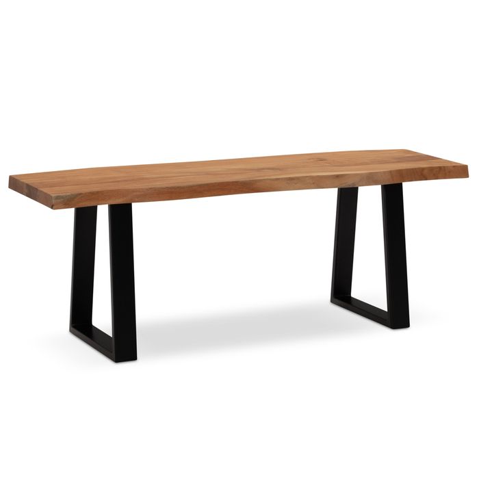 FineBuy Garderobenbank 120x40x45,5 cm Akazie Massivholz / Metall mit Baumkante, Sitzbank Flur Holzbank Massiv ohne Lehne, Flurbank Modern, Dielenbank Eingangsbereich Klein Trapezbeine Schwarz