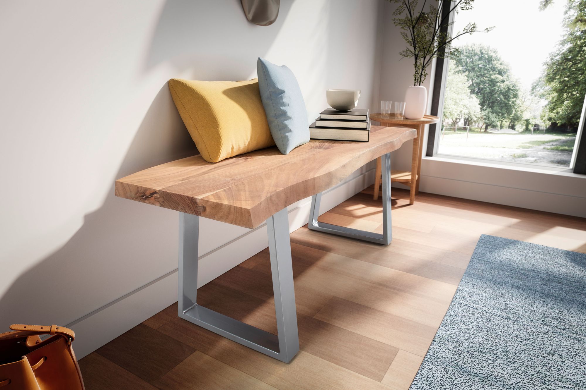 Garderobenbank FineBuy Sitzbank Akazie Massivholz 120 cm Baumkante Flurbank – Ansicht 4