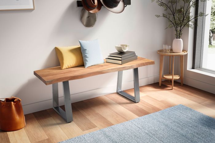 FineBuy Garderobenbank 120x40x45,5 cm Akazie Massivholz / Metall mit Baumkante, Sitzbank Flur Holzbank Massiv ohne Lehne, Flurbank Modern Eingangsbereich Klein Trapezbeine Chrom