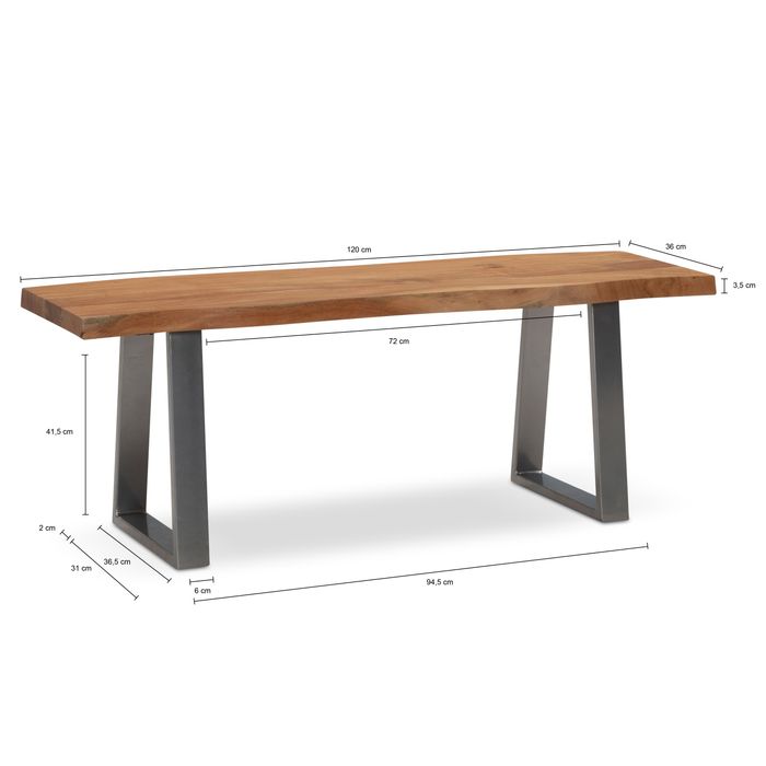 Garderobenbank FineBuy Sitzbank Akazie Massivholz 120 cm Baumkante Flurbank – Maßzeichnung