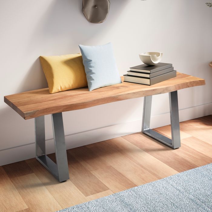 FineBuy Garderobenbank 120x40x45,5 cm Akazie Massivholz / Metall mit Baumkante, Sitzbank Flur Holzbank Massiv ohne Lehne, Flurbank Modern Eingangsbereich Klein Trapezbeine Chrom