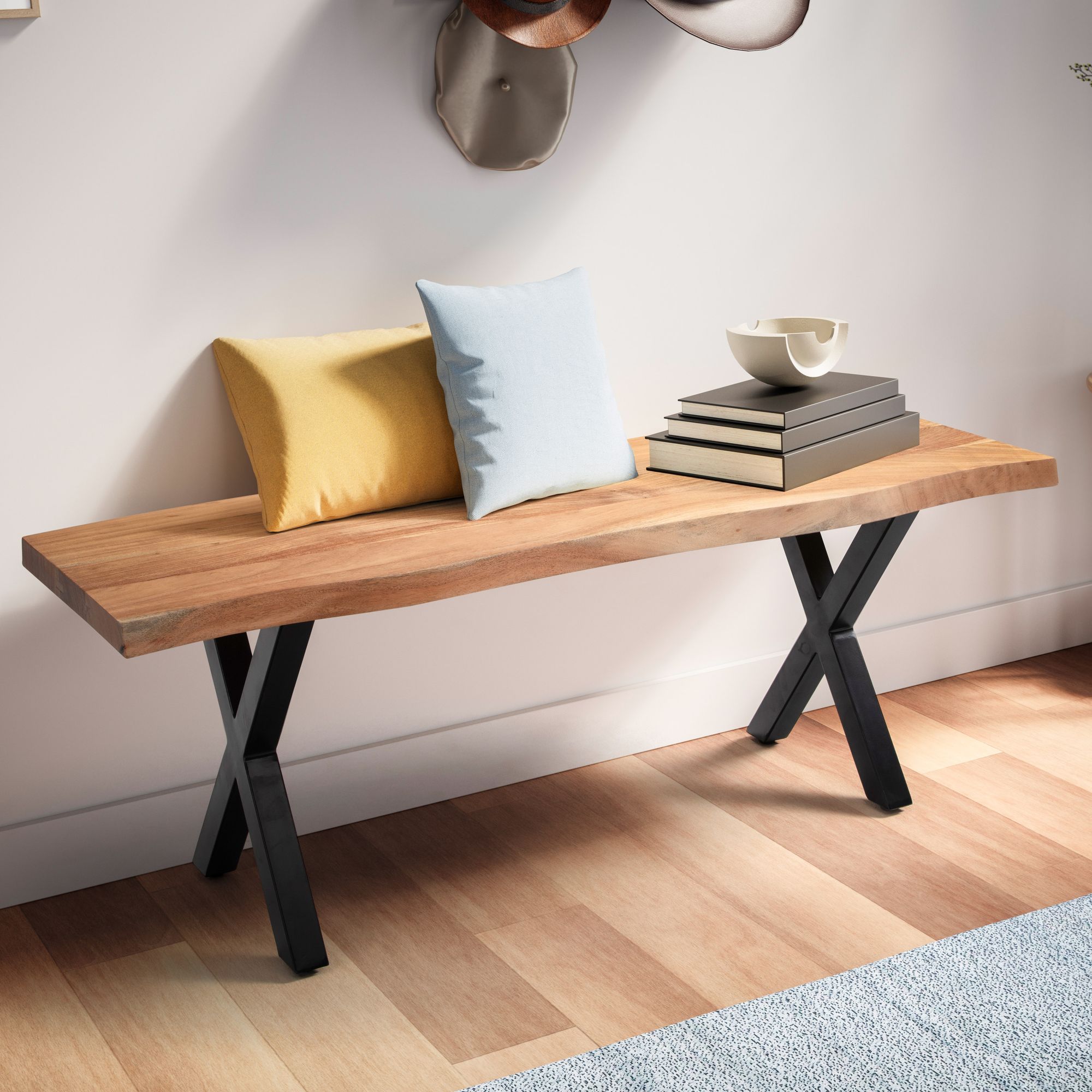 FineBuy Sitzbank 120 cm Massivholz ohne Lehne Baumkante Akazie - Bank für Garderobe - Garderobenbank - Flurbank Holzbank X- Gestell Schwarz | Farbe: Braun FineBuy Sitzbank 120 cm Massivholz ohne Lehne Baumkante Akazie - Bank für Garderobe - Garderobenbank - Flurbank Holzbank X- Gestell Schwarz | Farbe: Braun