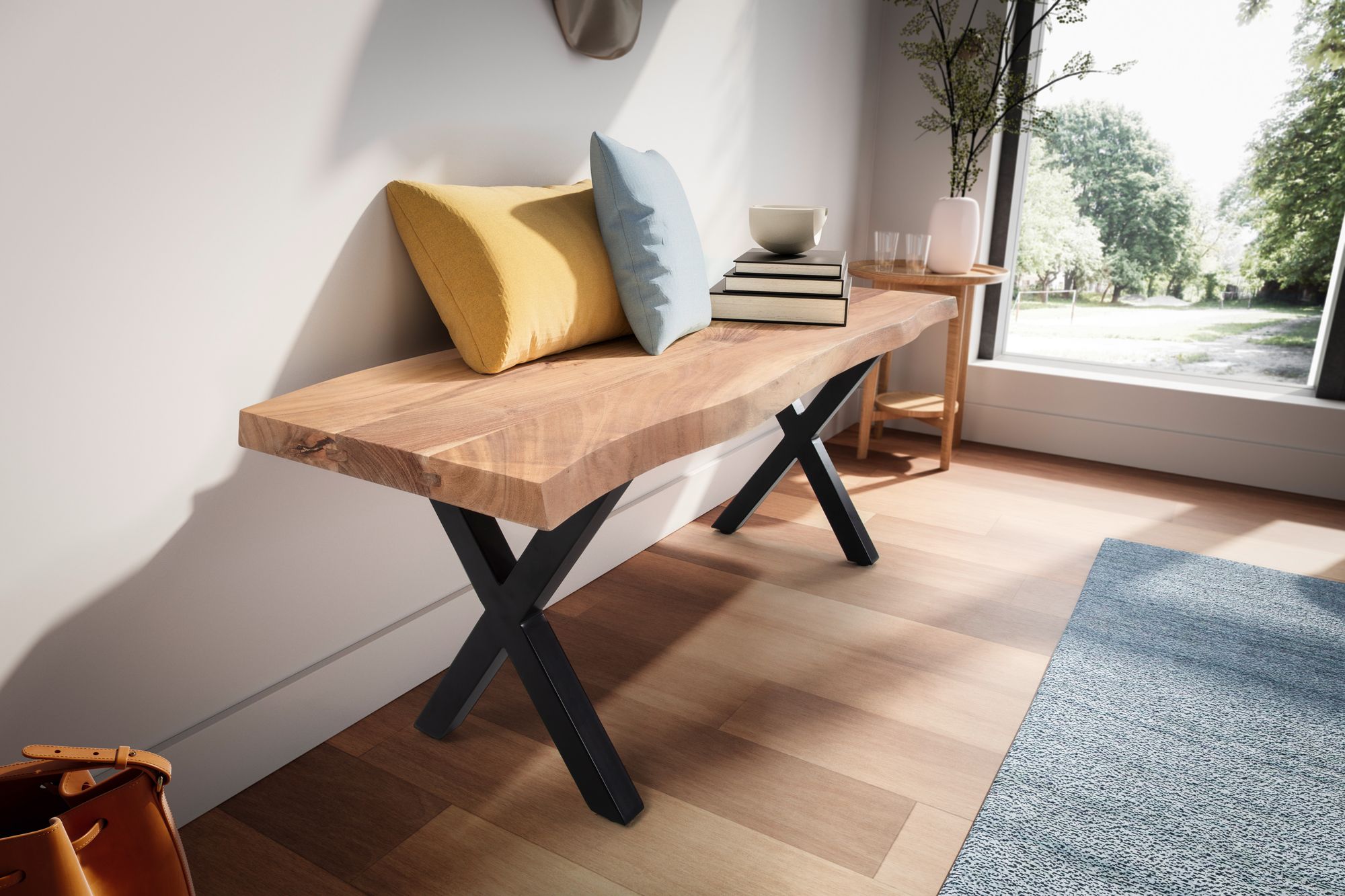 FineBuy Sitzbank 120 cm Massivholz ohne Lehne Baumkante Akazie - Bank für Garderobe - Garderobenbank - Flurbank Holzbank X- Gestell Schwarz | Farbe: Braun FineBuy Sitzbank 120 cm Massivholz ohne Lehne Baumkante Akazie - Bank für Garderobe - Garderobenbank - Flurbank Holzbank X- Gestell Schwarz | Farbe: Braun