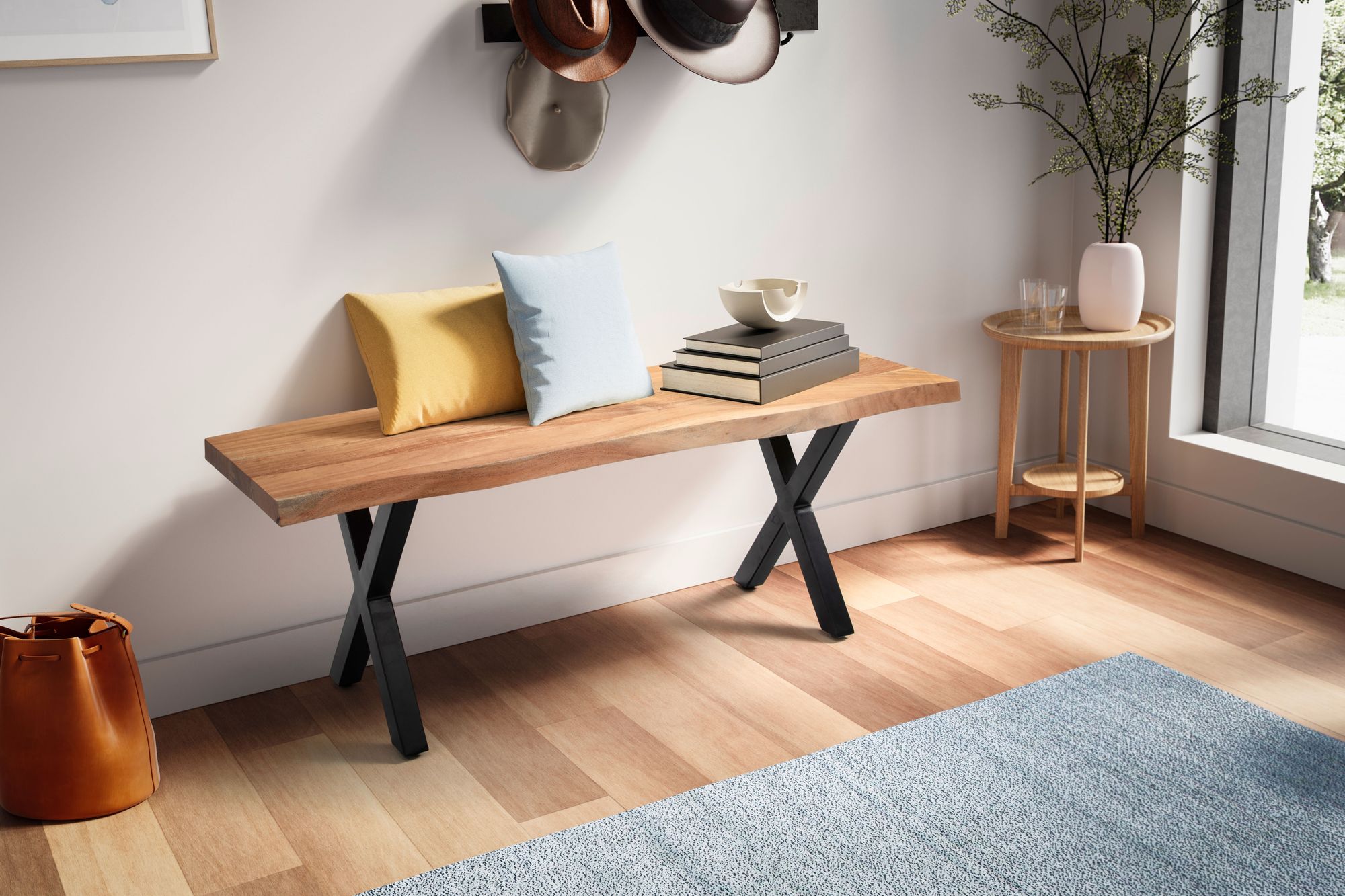 FineBuy Sitzbank 120 cm Massivholz ohne Lehne Baumkante Akazie - Bank für Garderobe - Garderobenbank - Flurbank Holzbank X- Gestell Schwarz | Farbe: Braun FineBuy Sitzbank 120 cm Massivholz ohne Lehne Baumkante Akazie - Bank für Garderobe - Garderobenbank - Flurbank Holzbank X- Gestell Schwarz | Farbe: Braun
