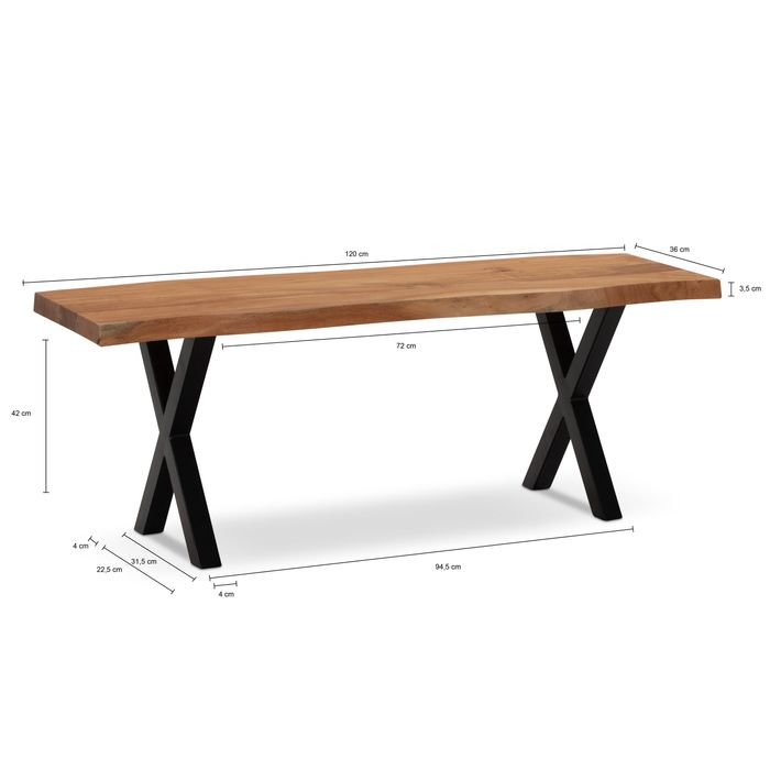 Garderobenbank FineBuy Sitzbank Akazie Massivholz 120 cm Baumkante Flurbank – Maßzeichnung