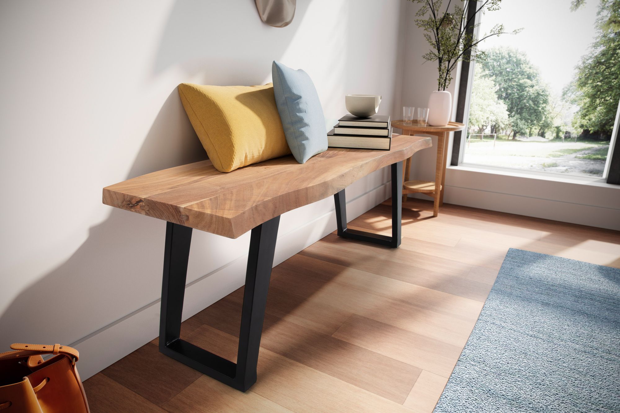 Garderobenbank FineBuy Sitzbank Akazie Massivholz 120 cm Baumkante Flurbank – Ansicht 4
