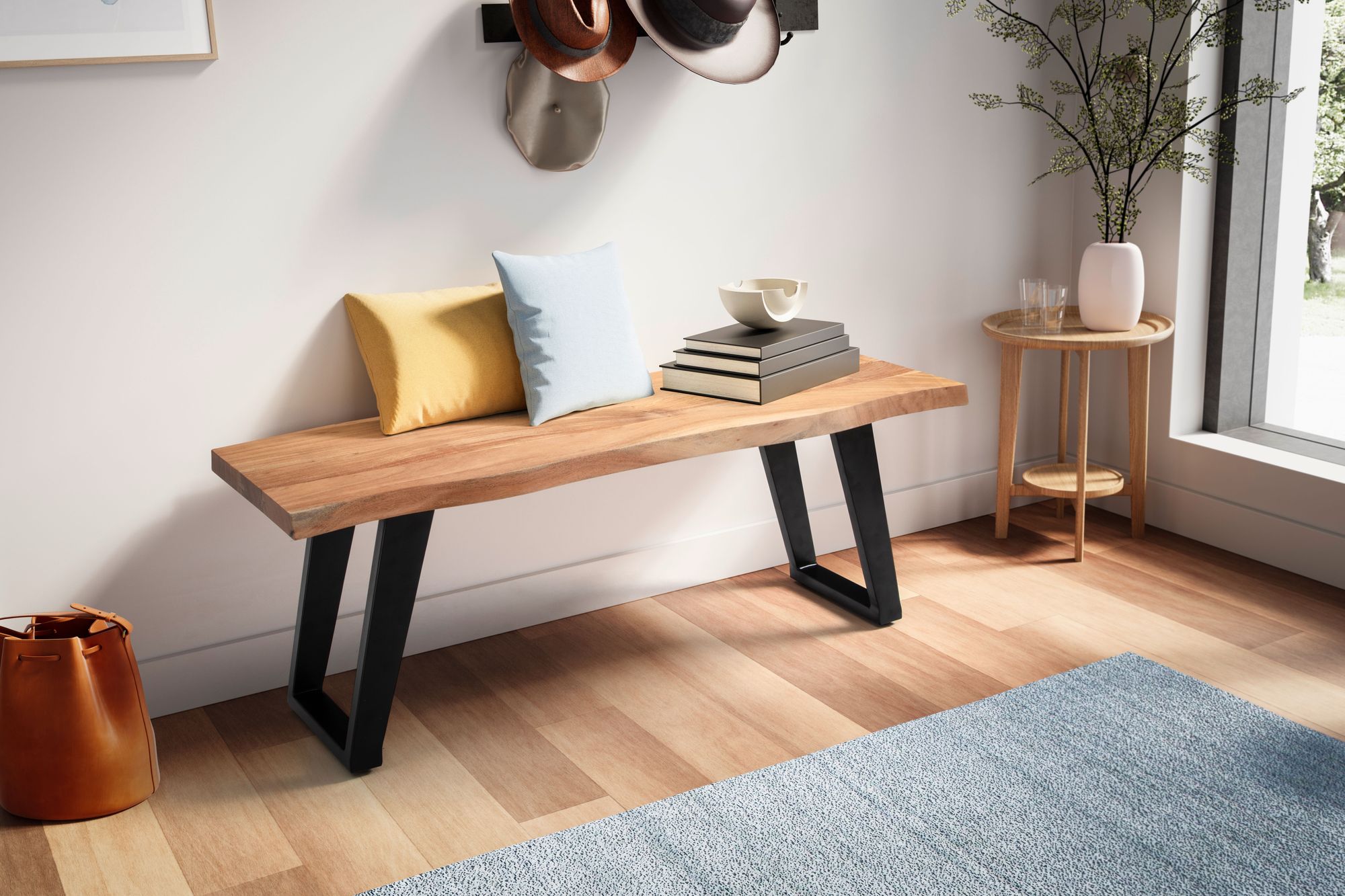 Garderobenbank FineBuy Sitzbank Akazie Massivholz 120 cm Baumkante Flurbank – Ansicht 2