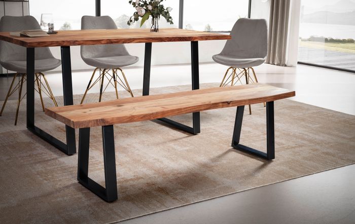 FineBuy Esszimmerbank Akazie Massivholz / Metall mit Baumkante, Esstischbank Holzbank Massiv ohne Lehne, Küchenbank Essbank Modern, Sitzbank Esszimmer