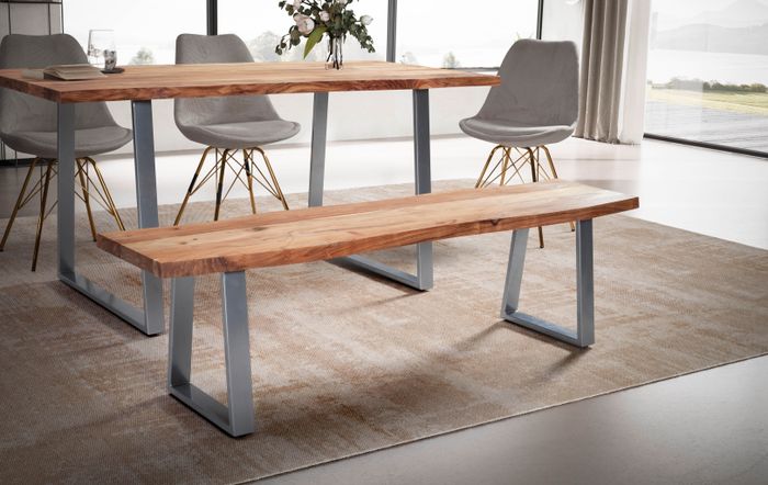 FineBuy Esszimmerbank Akazie Massivholz / Metall mit Baumkante, Esstischbank Holzbank Massiv ohne Lehne, Küchenbank Chrom Essbank Modern, Sitzbank Esszimmer
