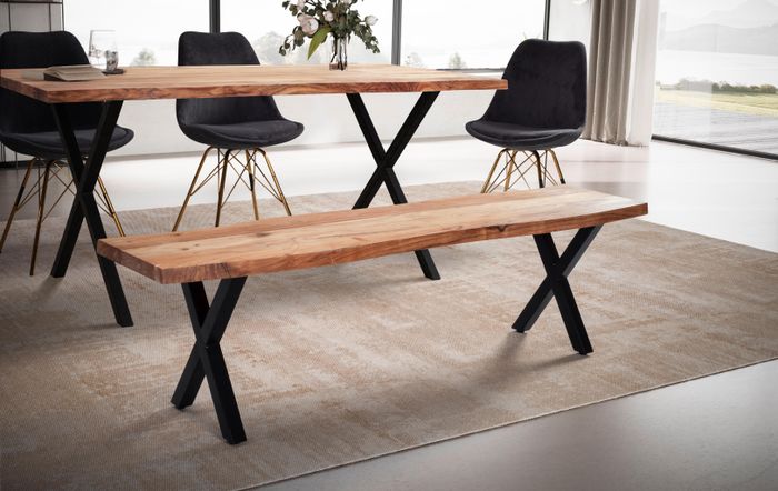 FineBuy Esszimmerbank Akazie Massivholz / Metall mit Baumkante, Esstischbank Modern, Holzbank Massiv ohne Lehne, Küchenbank Essbank mit X-Beinen, Sitzbank Esszimmer