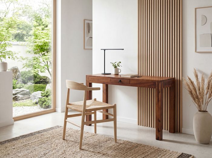 FineBuy Schreibtisch 118x40x76 cm Sheesham Massivholz Computertisch mit Schublade, Homeoffice Bürotisch Massiv Schmal Platzsparend, Holztisch Laptoptisch Arbeitszimmer Stauraum