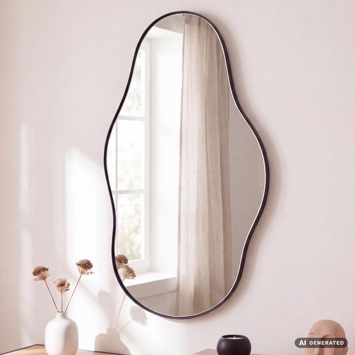 FineBuy Wandspiegel in organischer Form 40x80 cm Metall Design Hängespiegel Schwarz, Eisen Dekospiegel Unförmig mit Rahmen, Spiegel Wand Groß, Flurspiegel Garderobenspiegel Modern