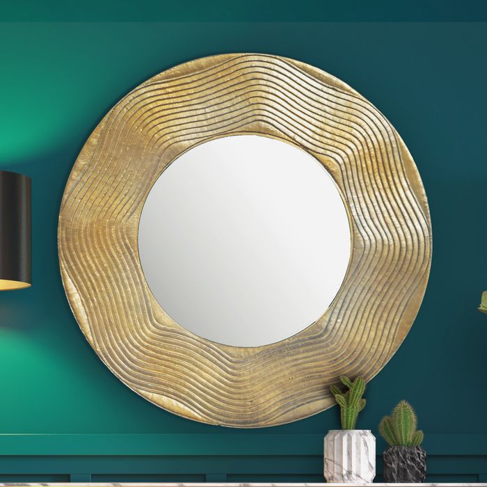 FineBuy Wandspiegel 74 cm Metall Design Hängespiegel Gold, Aluminium Dekospiegel Rund mit Rahmen Wellenmuster, Spiegel Wand Groß, Flurspiegel Garderobenspiegel Modern