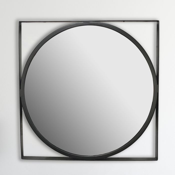 FineBuy Wandspiegel 54x54 cm Metall Design Hängespiegel Schwarz, Eisen Dekospiegel Rund mit quadratischem Rahmen, Spiegel Wand Klein, Flurspiegel Garderobenspiegel Modern