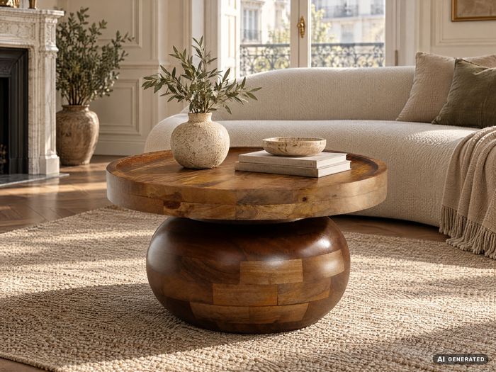 FineBuy Couchtisch 50x50x30,5 cm Mango Massivholz Walnussfarben Sofatisch Rund, Design Wohnzimmertisch Niedrig, Kaffeetisch Wohnzimmer Modern mit natürlicher Holzmaserung